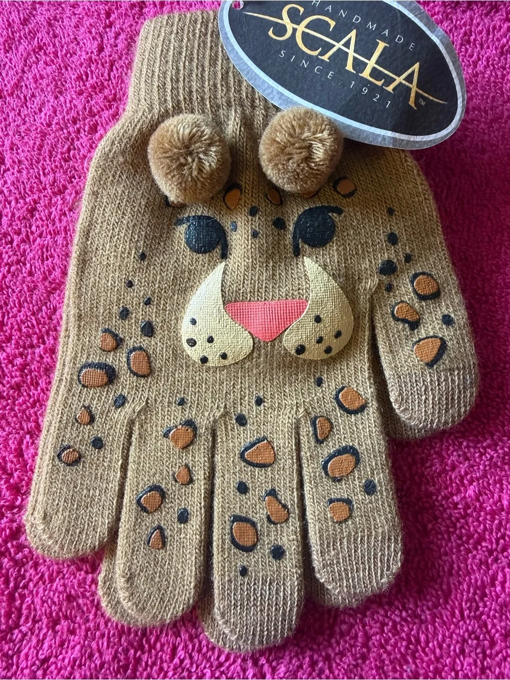 Scala Kids Tan Leopard Face Pom-Pom Mittens